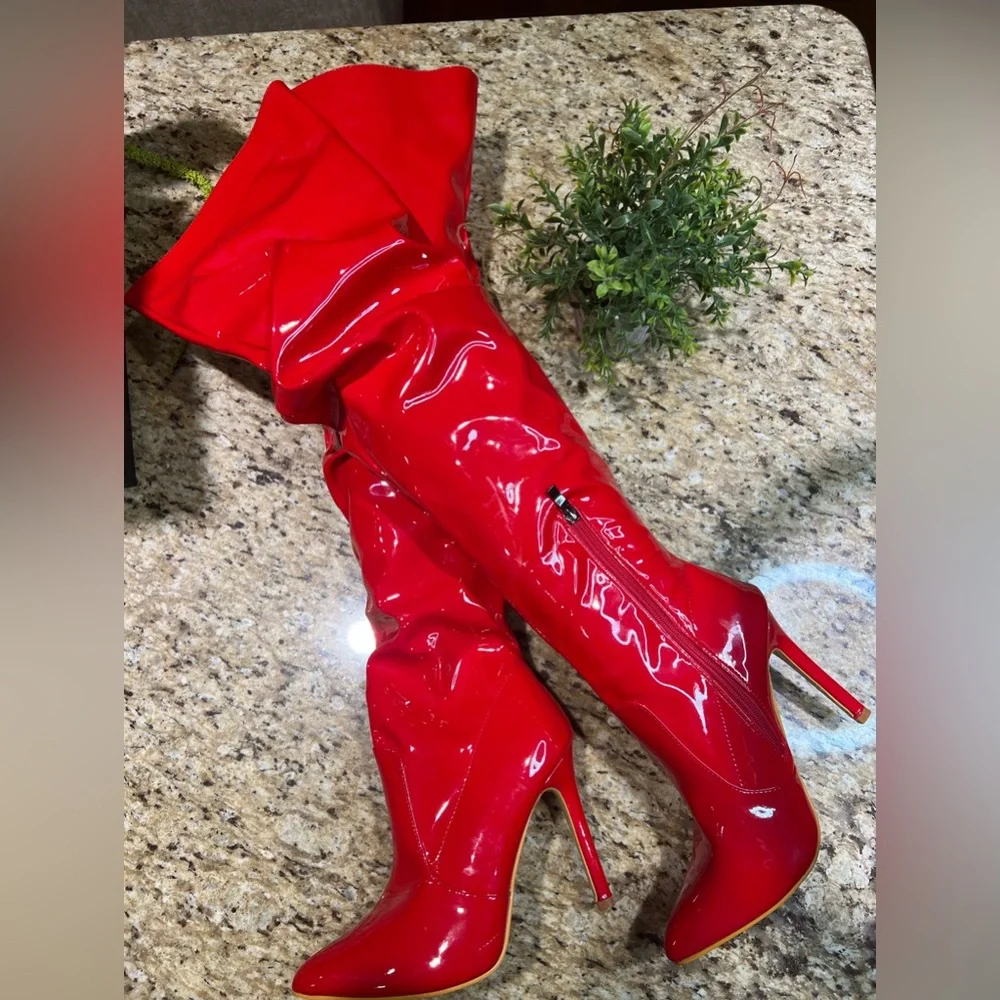 PLT Red Patent Leather Thigh High Slouch Pointed Toe Over The Knee Boots 10 - Picture 7 of 11